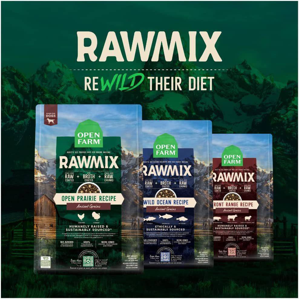 Advertisement for "RAW MIX" dog food by Open Farm, featuring three types of food packages: Open Prairie Recipe, Wild Ocean Recipe, and Front Range Recipe, each noted for being ethically and sustainably sourced, set against a background of green hills and distant mountains.