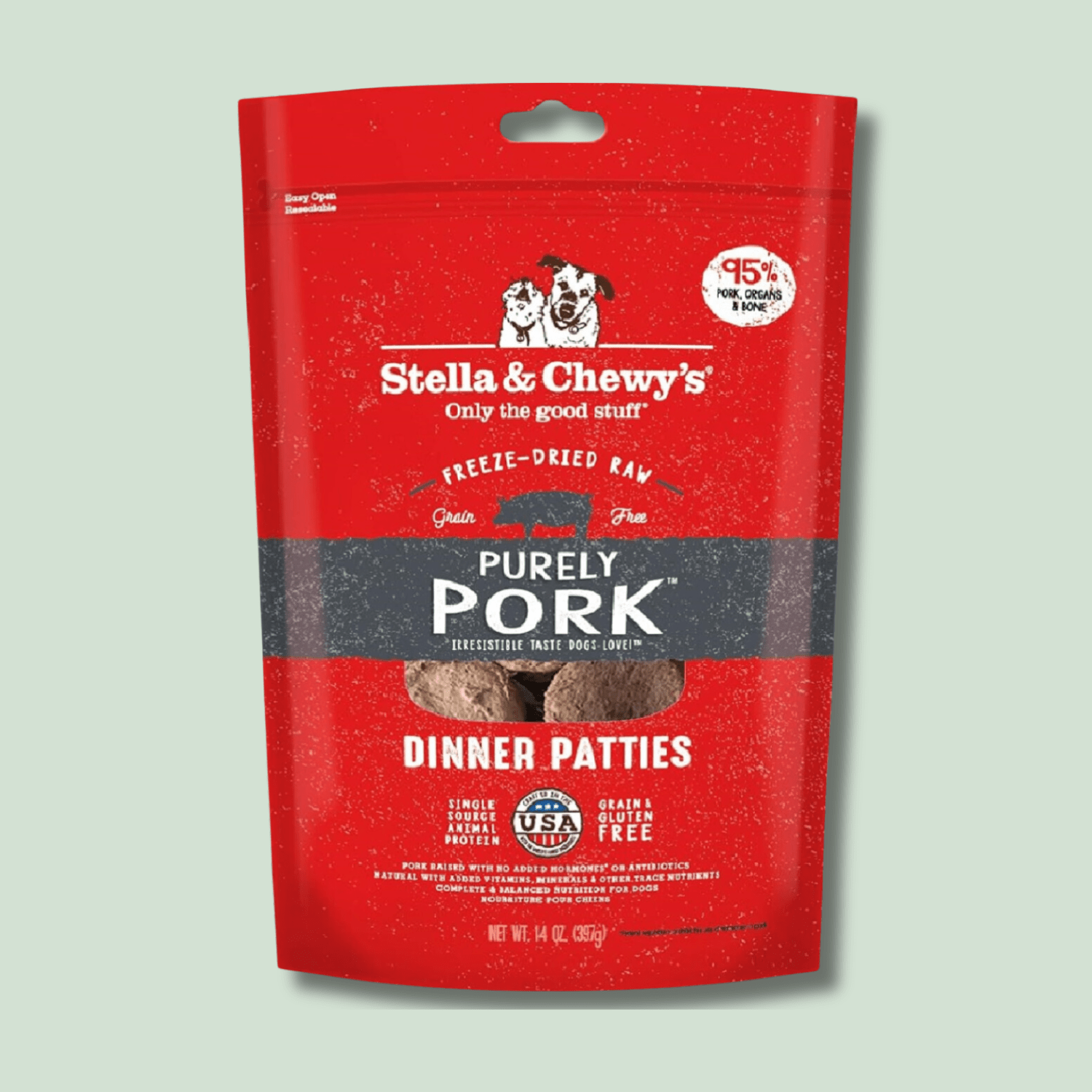 Stella & Chewy's Purely Pork freeze-dried raw dog food dinner patties package.