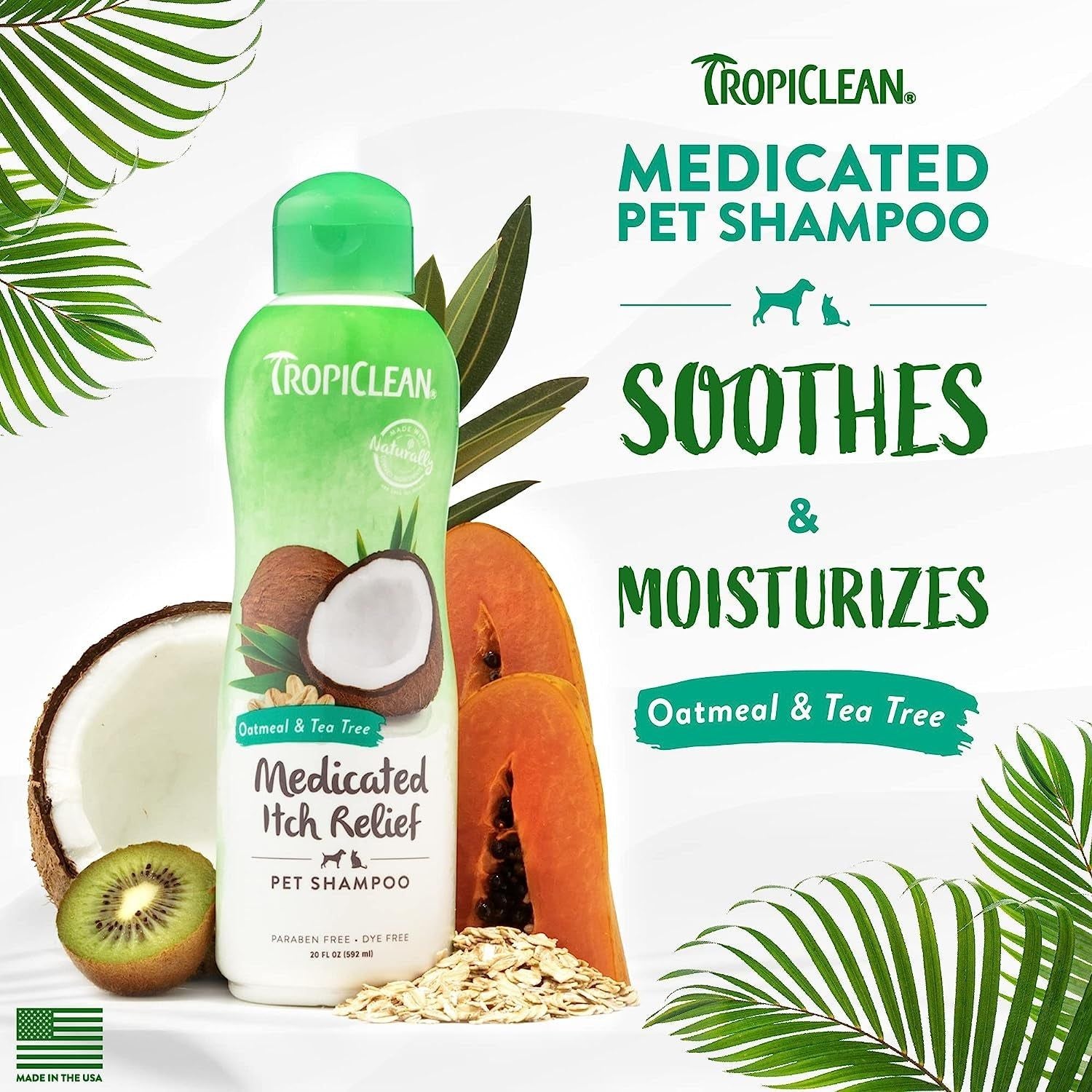 Tropiclean Medicated Dog Shampoo for Allergies and Itching | Tea Tree & Oatmeal | Pet Shampoo Derived from Natural Ingredients for Sensitive Skin | Made in the USA | 20 Oz. - HappyTails