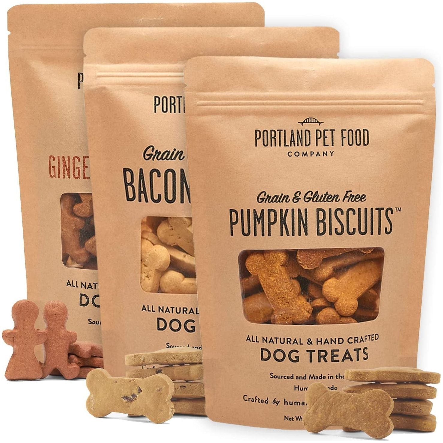 CRAFTED by HUMANS LOVED by DOGS Portland Pet Food Company Grain-Free & Gluten-Free Biscuit Dog Treats (1-Pack 5 Oz) — Bacon Flavor — All Natural, Human-Grade, Made in the USA - HappyTails