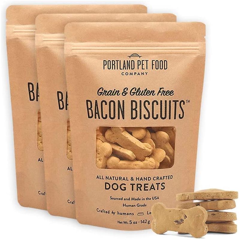 CRAFTED by HUMANS LOVED by DOGS Portland Pet Food Company Grain-Free & Gluten-Free Biscuit Dog Treats (1-Pack 5 Oz) — Bacon Flavor — All Natural, Human-Grade, Made in the USA - HappyTails