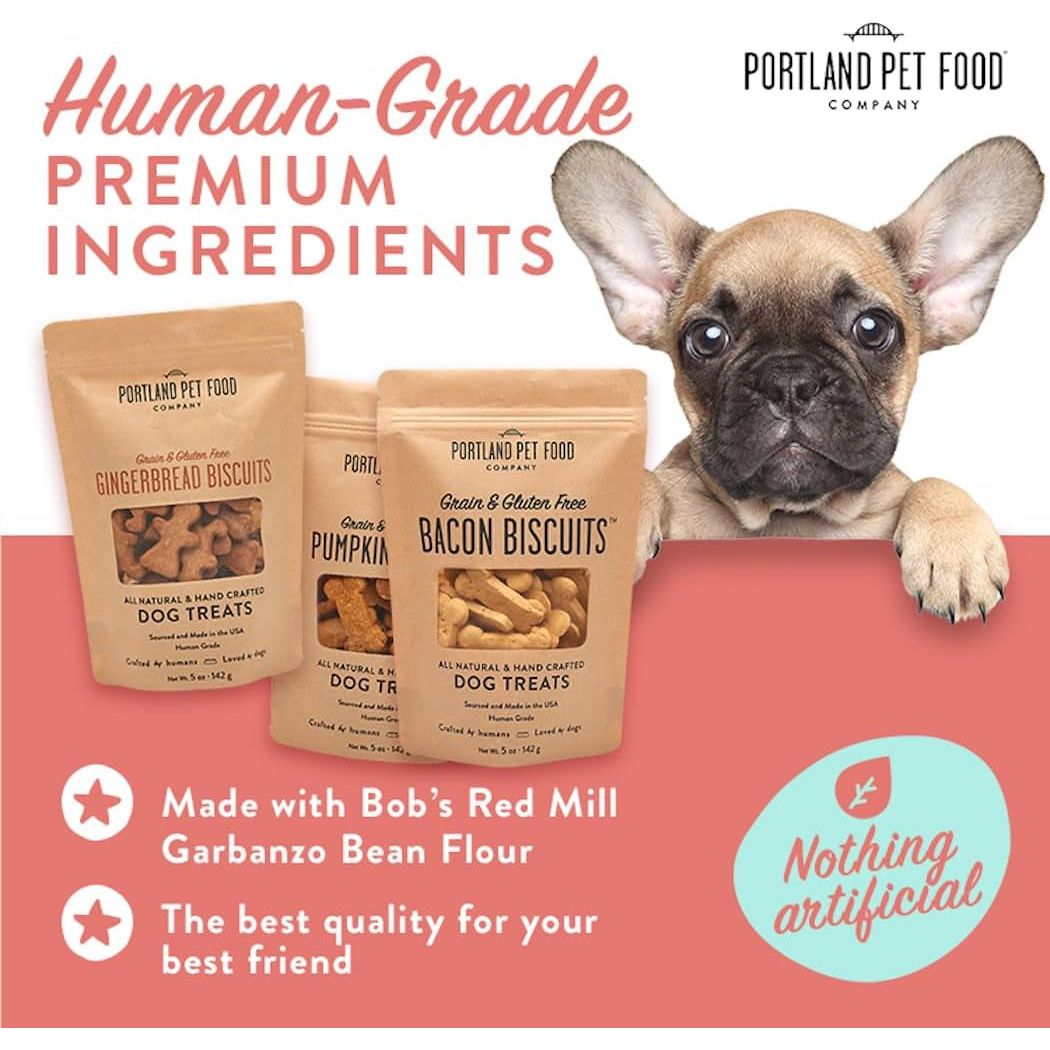 CRAFTED by HUMANS LOVED by DOGS Portland Pet Food Company Grain-Free & Gluten-Free Biscuit Dog Treats (1-Pack 5 Oz) — Bacon Flavor — All Natural, Human-Grade, Made in the USA - HappyTails