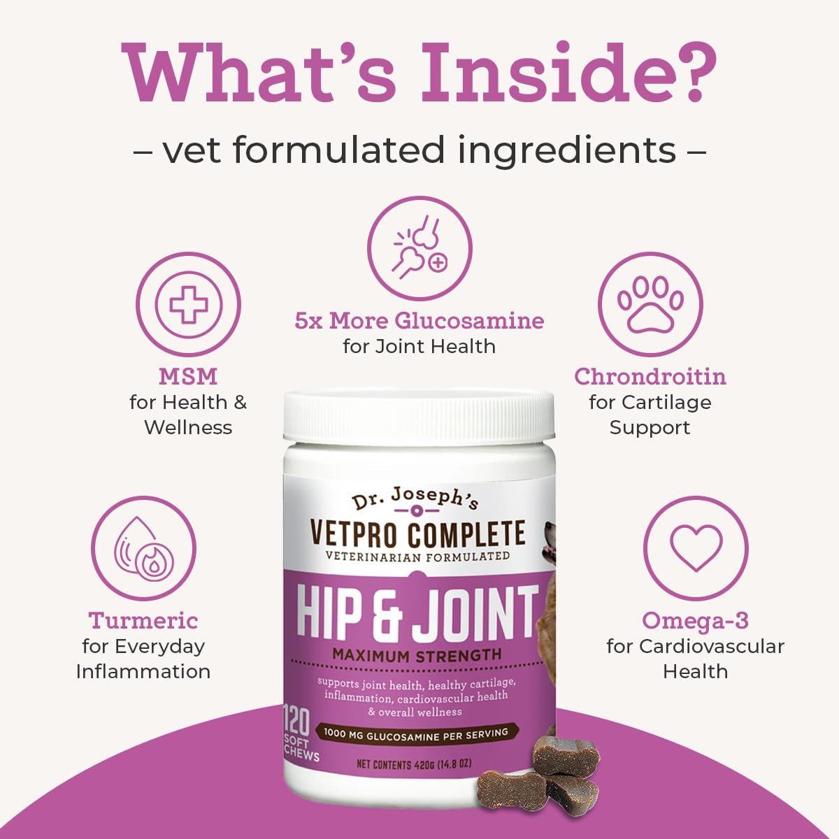 Vetpro Dog Hip and Joint Supplement - Pain and Inflammation Relief Chews with Glucosamine, Chondroitin, MSM, Turmeric, Vitamin C, Omega 3 - Treats Hip Dysplasia, Arthritis - Dogs Chewable Supplements - HappyTails