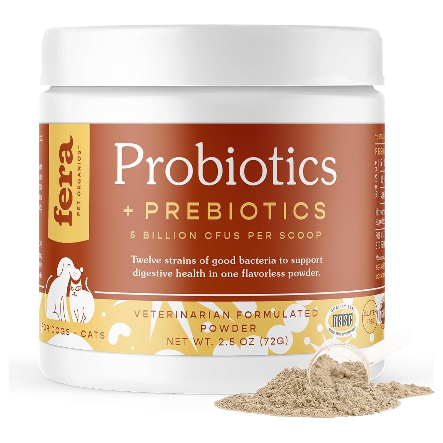 Fera Pets Organic Probiotics for Dogs & Cats - Cat & Dog Probiotic Supplement with 12 Strains & Prebiotics for Your Pet’S Digestion - 60 Scoops - HappyTails