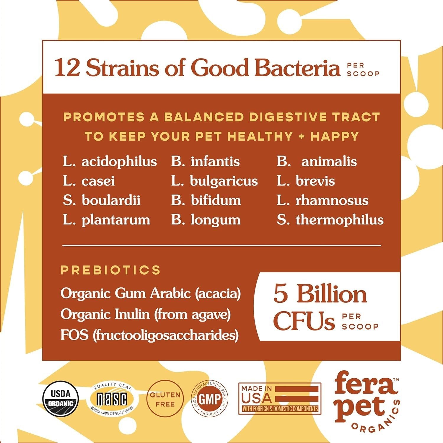 Fera Pets Organic Probiotics for Dogs & Cats - Cat & Dog Probiotic Supplement with 12 Strains & Prebiotics for Your Pet’S Digestion - 60 Scoops - HappyTails