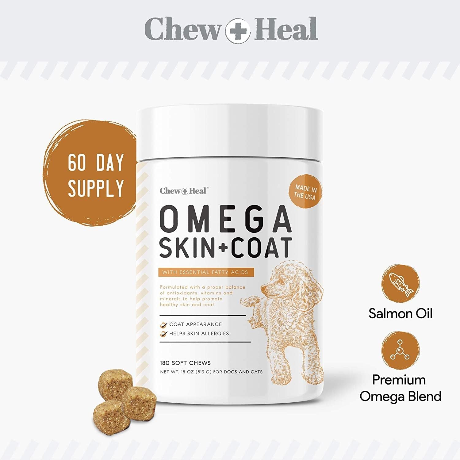 Salmon Oil for Dogs - 180 Soft Chew Omega Treats for Skin and Coat - Fish Oil Blend of Essential Fatty Acids, Omega 3 and 6, Vitamins, Antioxidants and Minerals - Made in USA - HappyTails