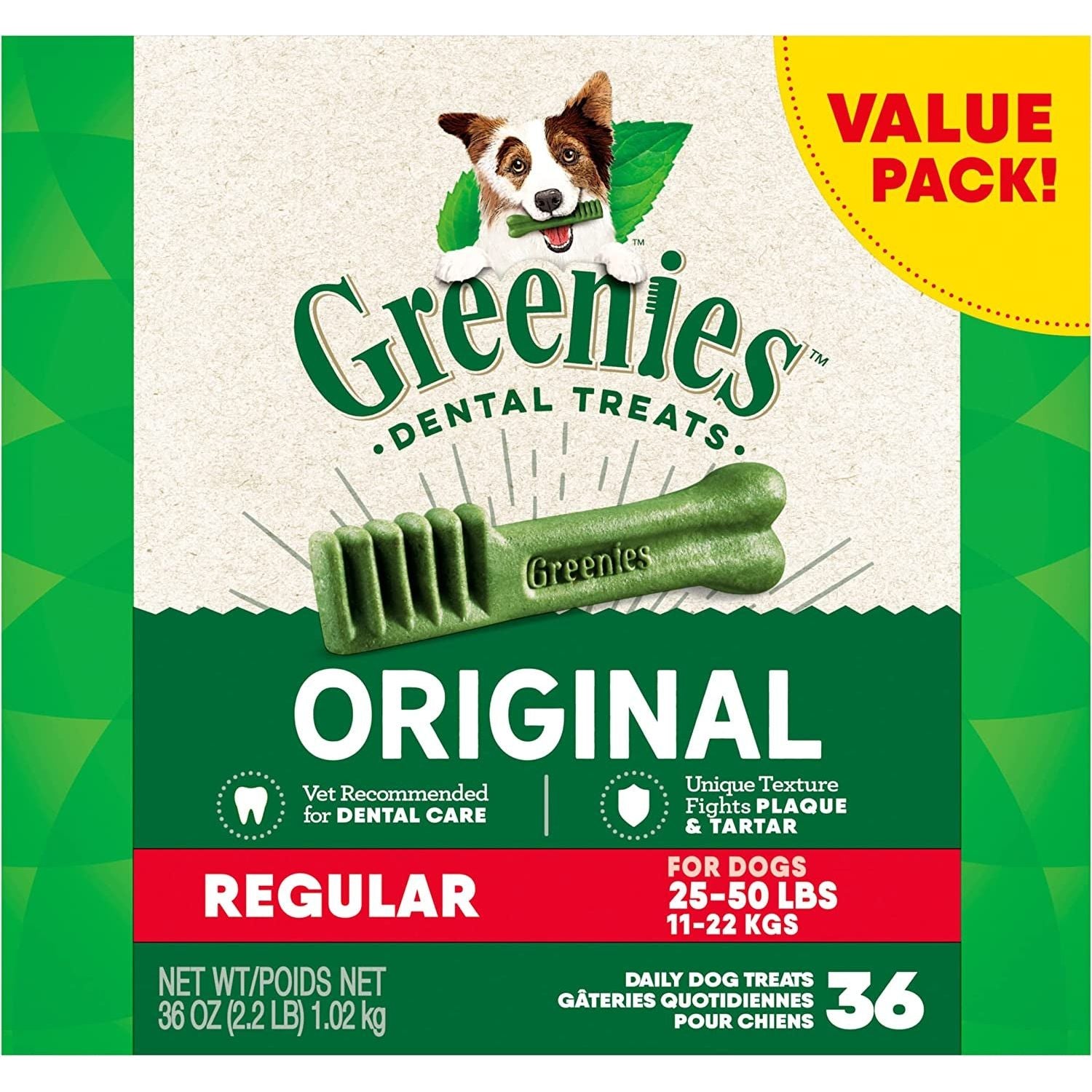 Greenies Original Regular Natural Dog Dental Care Chews Oral Health Dog Treats, 36 Count (Pack of 1) - HappyTails