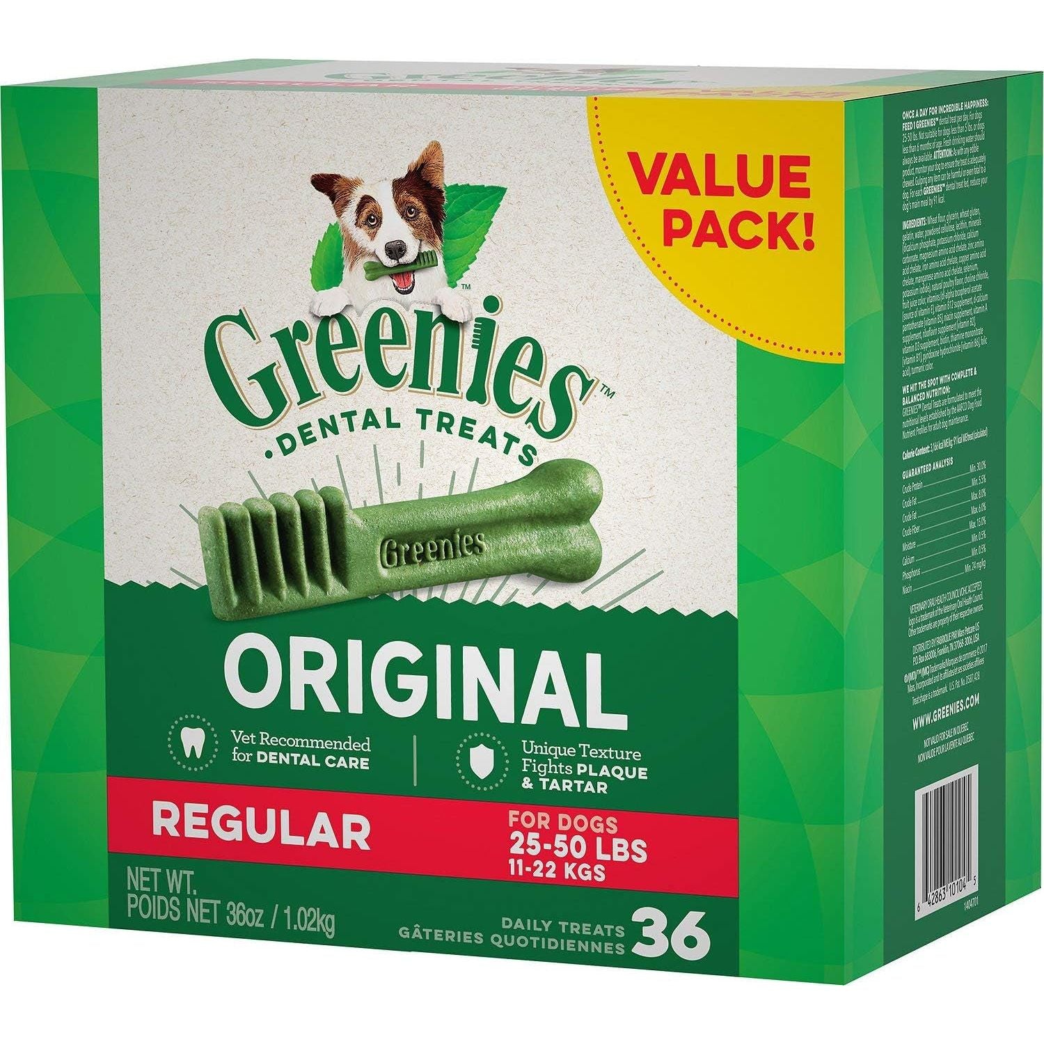 Greenies Original Regular Natural Dog Dental Care Chews Oral Health Dog Treats, 36 Count (Pack of 1) - HappyTails